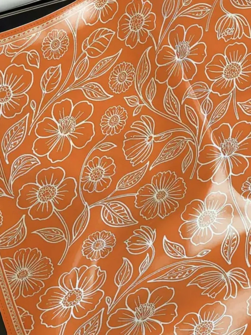 🍁🍂Orange Floral Silk-Feel Scarf with Delicate White Outline Print